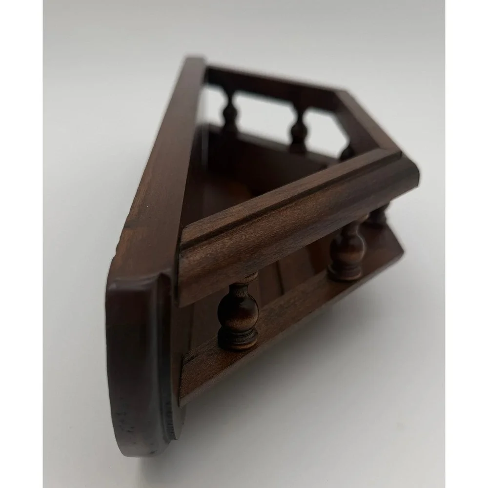 Vintage Dark Wood Corner Floating Shelf with Spindle Rail Gallery 14 Inch